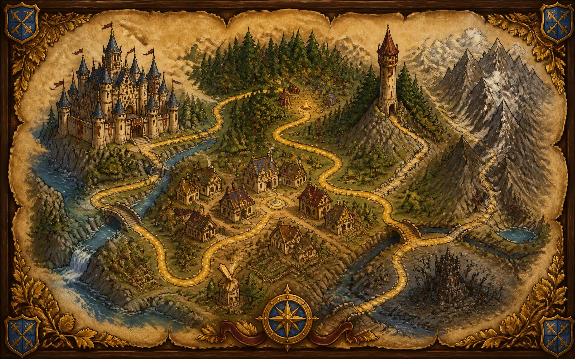 Illustrated map of the kingdom with quest locations